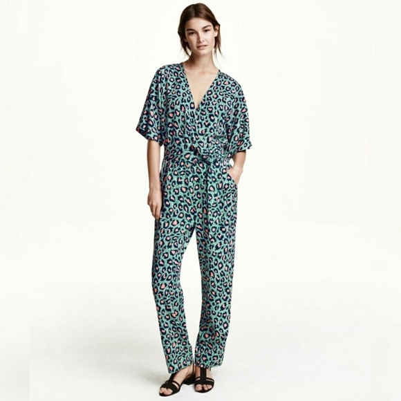 H&M Pants - H&M TREND // ltd ed retro-chic turquoise leopard faux wrap jumpsuit